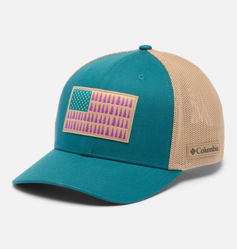 boné columbia mesh com estampa de árvore e bandeira