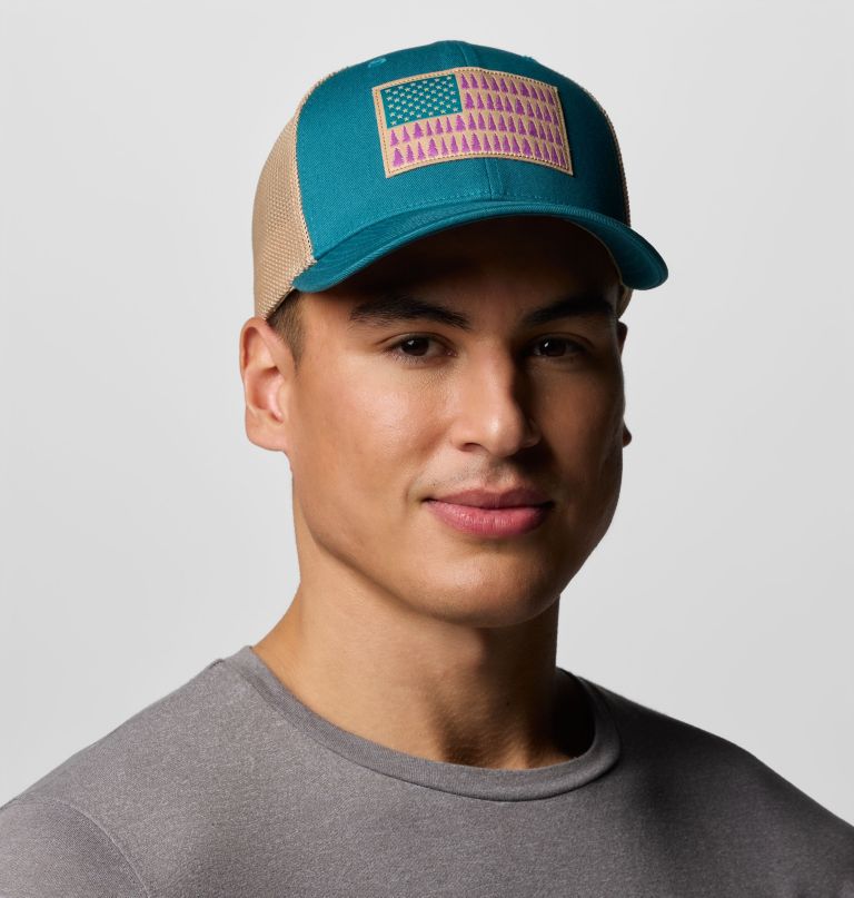 boné columbia mesh com estampa de árvore e bandeira