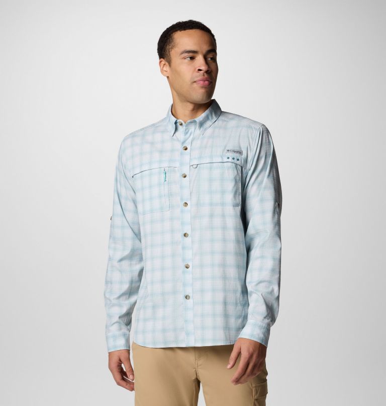 camisa masculina de manga comprida pfg wild cast performance yarn dye
