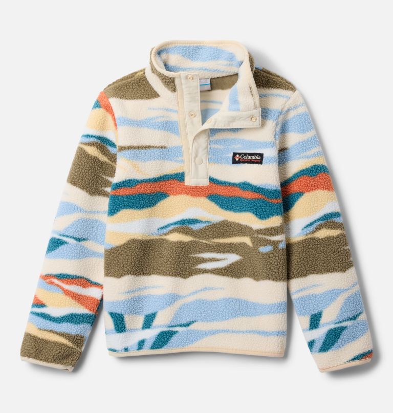 blusa de lã polar infantil helvetia ii com estampa e fechamento em meio botão.