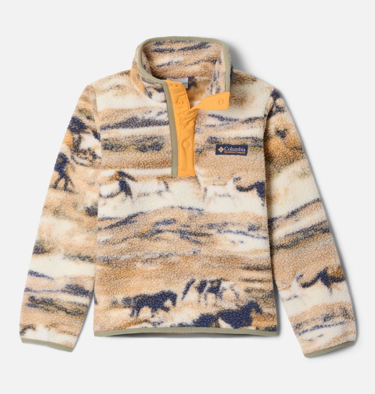 blusa de lã polar infantil helvetia ii com estampa e fechamento em meio botão.