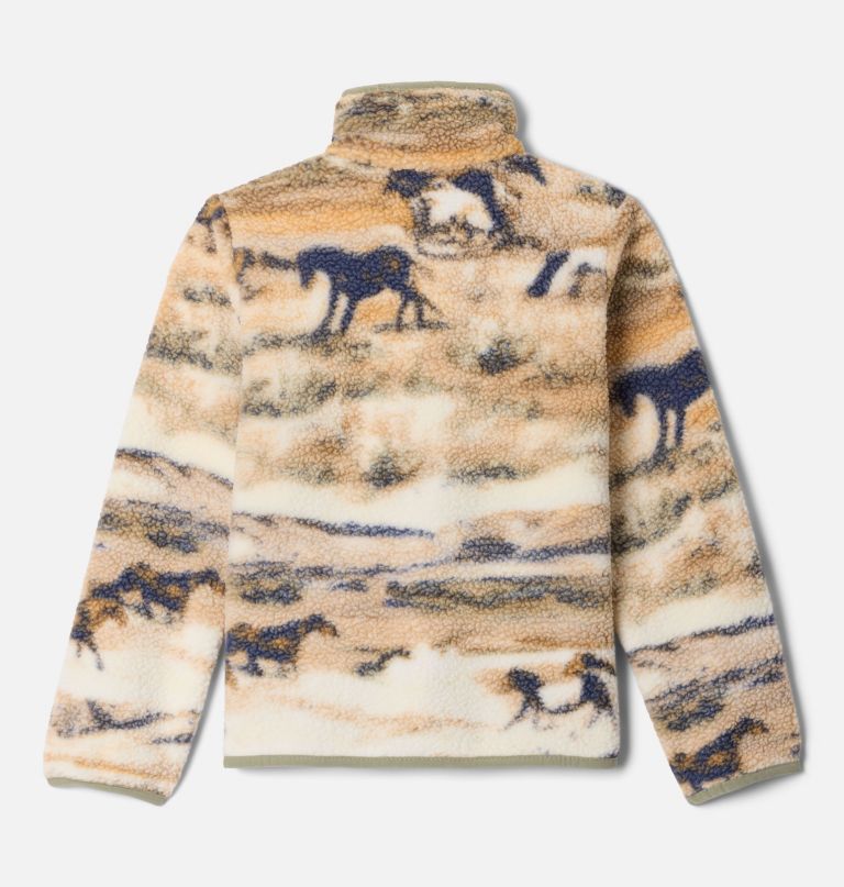 blusa de lã polar infantil helvetia ii com estampa e fechamento em meio botão.